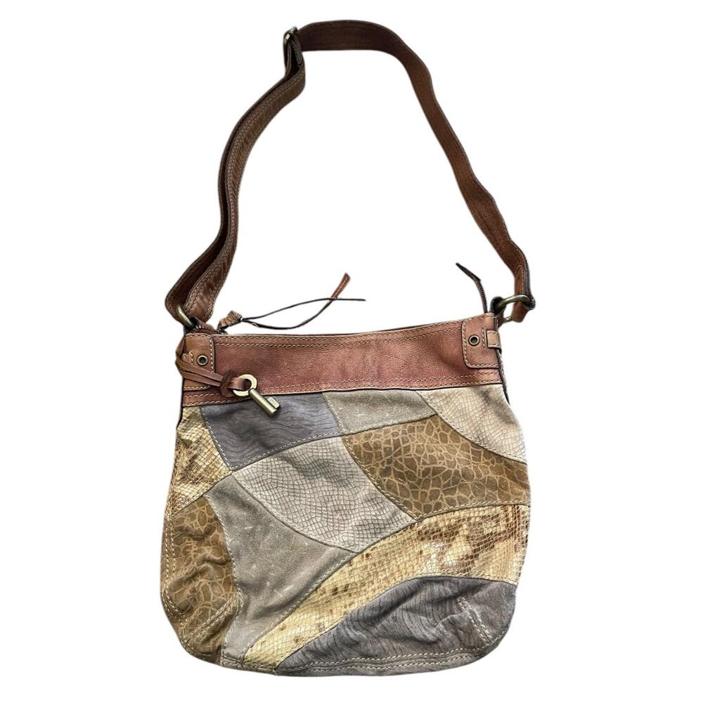 Fossil Leather Suede Purse Boho Patchwork Crossbody Shoulderbag